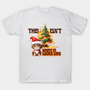 Funny Christmas Cat with Santa Hat Sitting in Front of Burning Tree T-Shirt